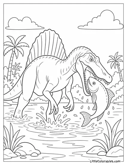 Spinosaurus Catching a Large Fish in Its Jaws Coloring Page