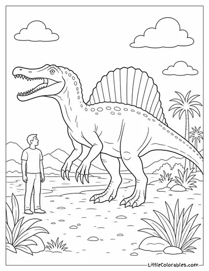 Spinosaurus Comparison Chart Showing Size Next to a Human Coloring Page