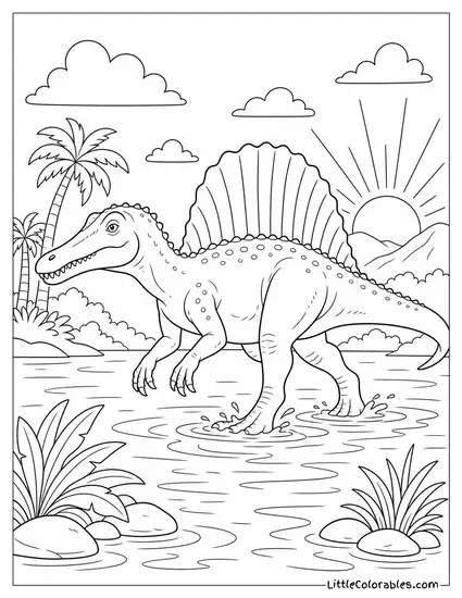 Spinosaurus Crossing a Shallow Lagoon at Sunrise Coloring Page