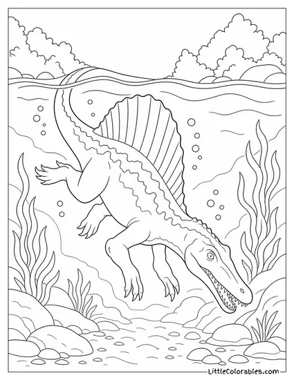 Spinosaurus Diving Beneath the Surface of a Murky River Coloring Page