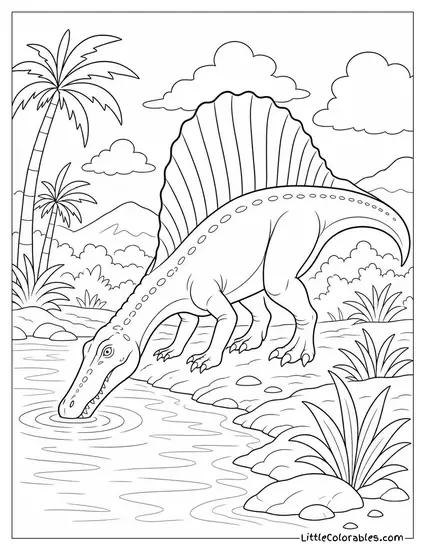 Spinosaurus Drinking from the Edge of a Calm River Coloring Page