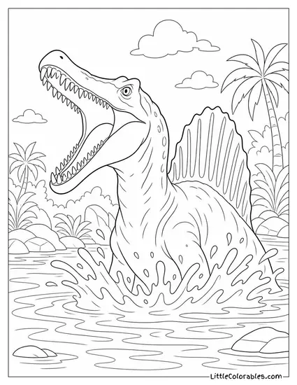 Spinosaurus Emerging from Beneath the Water with Jaws Open Coloring Page