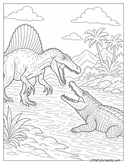 Spinosaurus Facing Off Against a Crocodile-Like Predator Coloring Page