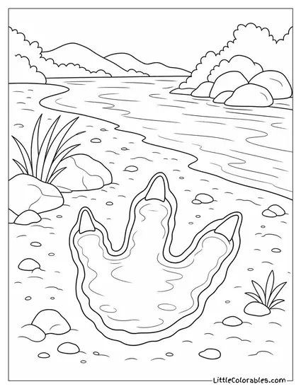 Spinosaurus Footprint Filled with Rainwater on a Riverbank Coloring Page