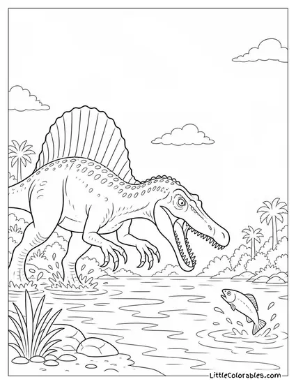 Spinosaurus Hunting Alongside a Flock of Prehistoric Birds Coloring Page