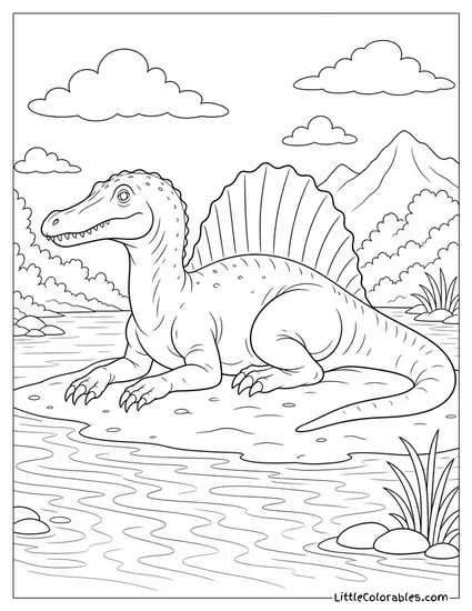 Spinosaurus Resting on a Sandbar in the Middle of a River Coloring Page