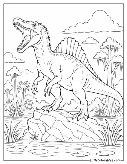 Spinosaurus Roaring on a Rocky Outcrop Above a Swamp Coloring Page
