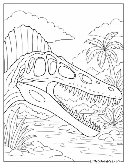 Spinosaurus Skull Viewed in Profile with Detailed Teeth Coloring Page