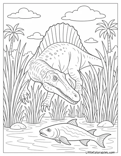 Spinosaurus Stalking Prey Through Tall Prehistoric Reeds Coloring Page