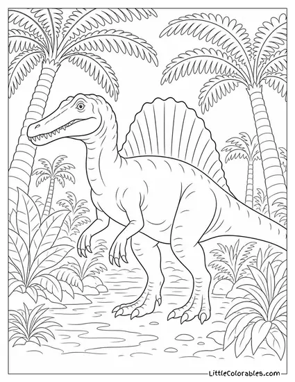 Spinosaurus Standing Beneath a Canopy of Ancient Ferns Coloring Page