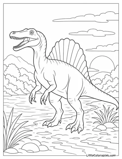 Spinosaurus Standing on a Muddy Riverbank at Dusk Coloring Page