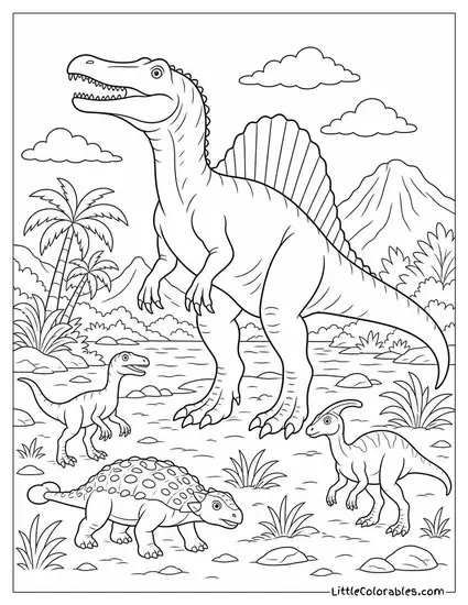 Spinosaurus Standing Tall Among Smaller Ancient Reptiles Coloring Page