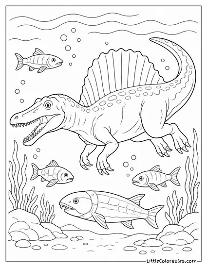Spinosaurus Swimming Beside Ancient Fish Species Coloring Page