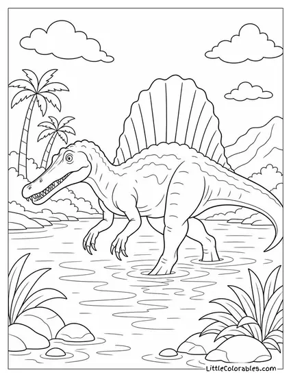 Spinosaurus Wading Through a Shallow Ancient River Coloring Page