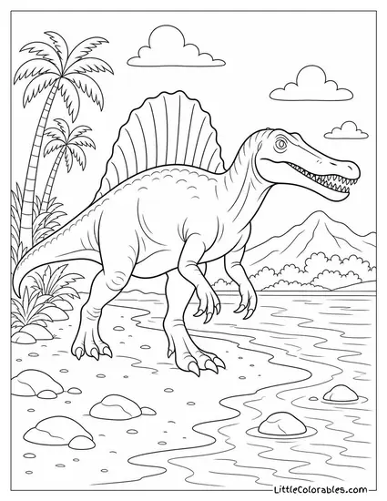Spinosaurus Walking Along a Sandy Prehistoric Shoreline Coloring Page