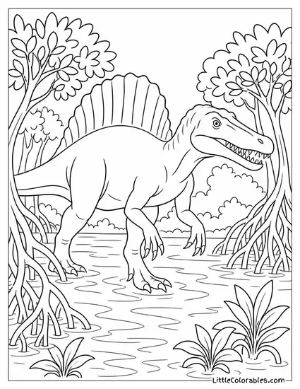 Spinosaurus Walking Through a Dense Mangrove-Like Swamp Coloring Page
