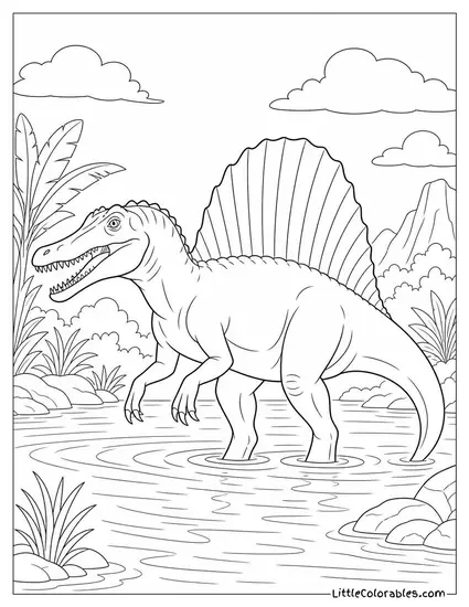 Spinosaurus with Its Sail Catching Light Like a Fin in Water Coloring Page