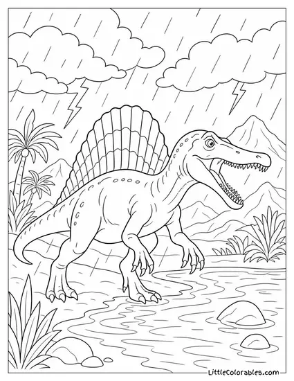 Spinosaurus with Rain Falling Around It in a Prehistoric Storm Coloring Page