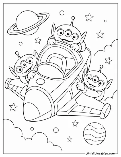 Squeeze Toy Aliens Clinging to Buzzs Spaceship Toy Story Coloring Page