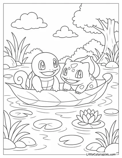 Squirtle and Bulbasaur Sharing a Leaf Boat on a Quiet Pond Coloring Page