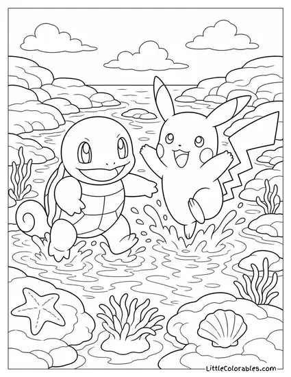 Squirtle and Pikachu Splashing Through a Tide Pool Together Coloring Page