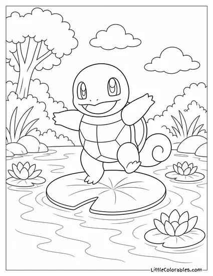 Squirtle Balancing on a Lily Pad That Bobs Gently in the Water Coloring Page