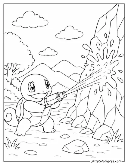 Squirtle Blasting a Pressurized Water Gun at a Rock Coloring Page