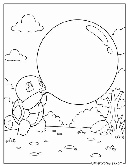 Squirtle Blowing a Single Giant Bubble Big Enough to Sit Inside Coloring Page
