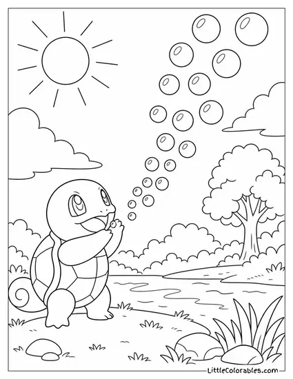 Squirtle Blowing a Stream of Bubbles That Float Upward in the Sun Coloring Page
