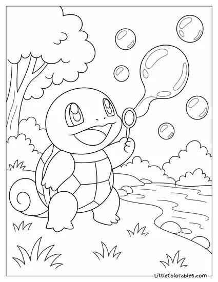 Squirtle Blowing Bubbles That Catch the Light Like Tiny Rainbows Coloring Page