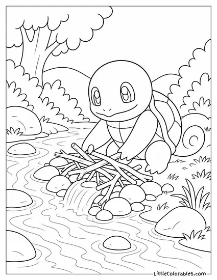 Squirtle Building a Dam Out of Twigs and Pebbles in a Stream Coloring Page