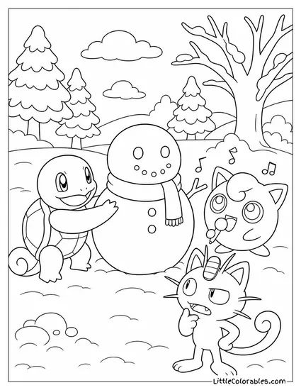 Squirtle Building a Snowman While Jigglypuff Sings and Meowth Critiques Coloring Page