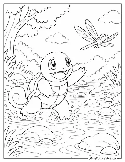 Squirtle Chasing a Dragonfly Along a Shallow Stream Coloring Page