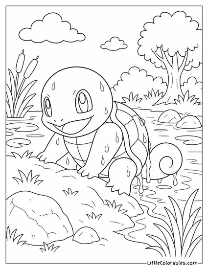 Squirtle Climbing Out of a Pond with Water Streaming Off Its Shell Coloring Page