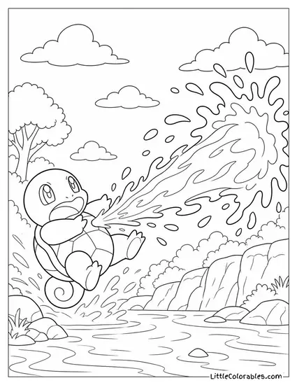 Squirtle Creating a Hydro Pump So Powerful It Knocks It Backward Coloring Page