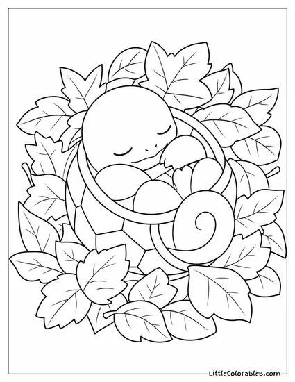 Squirtle Curled Up Asleep Inside Its Shell in a Pile of Leaves Coloring Page