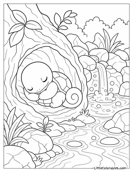 Squirtle Curled Up Napping in a Hollow Near a Bubbling Spring Coloring Page
