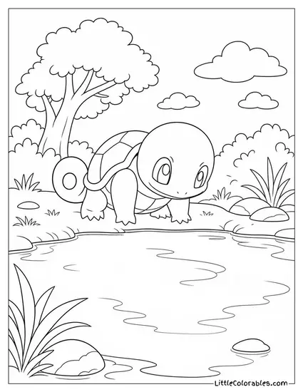 Squirtle Gazing at Its Own Reflection in a Still Pond Coloring Page