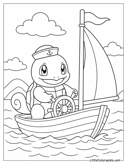 Squirtle in a Tiny Sailor Hat Steering a Small Wooden Boat Coloring Page