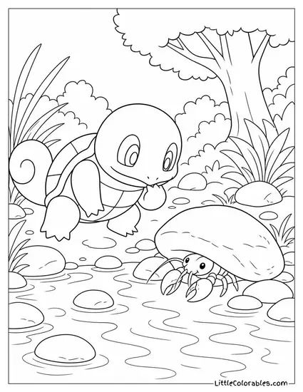 Squirtle Investigating a Small Crayfish Hiding Under a River Stone Coloring Page