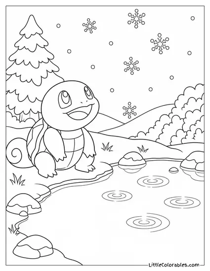Squirtle Looking Up at Snowflakes Falling into a Still Pond Coloring Page