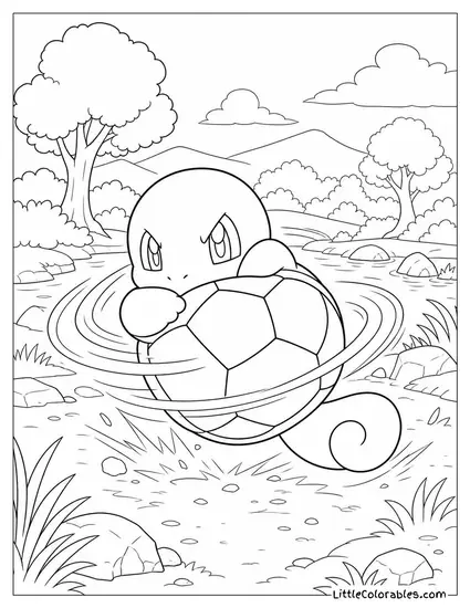Squirtle Mid-Withdraw Spinning Its Shell into a Defensive Tackle Coloring Page