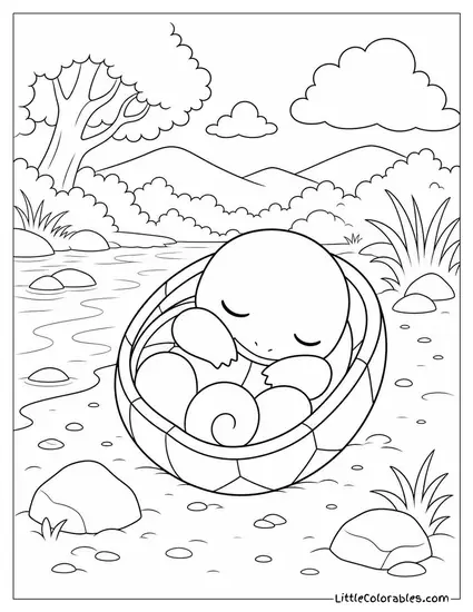 Squirtle Napping Curled Inside Its Shell on a Sunny Riverbank Coloring Page