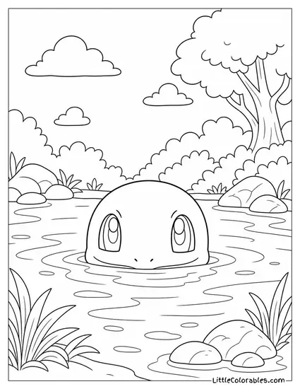 Squirtle Peeking Out from Underwater with Just Its Head Above the Surface Coloring Page