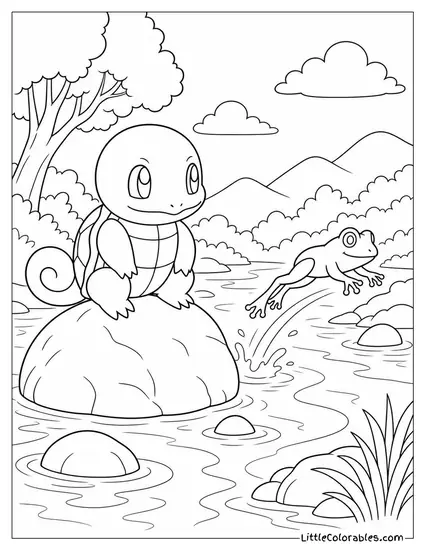 Squirtle Perched on a River Boulder as a Frog Jumps Past Coloring Page