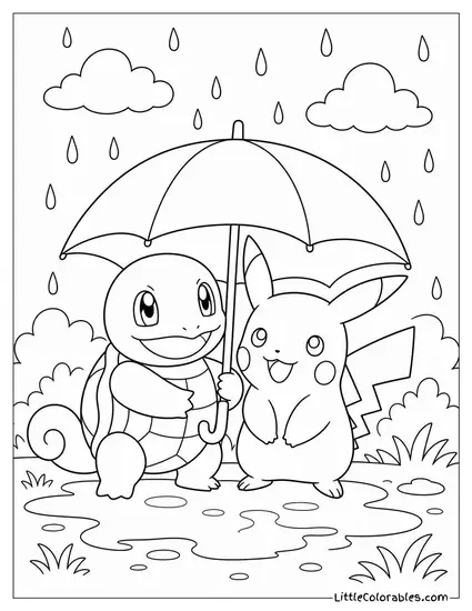 Squirtle Sharing an Umbrella with Pikachu in the Rain Coloring Page