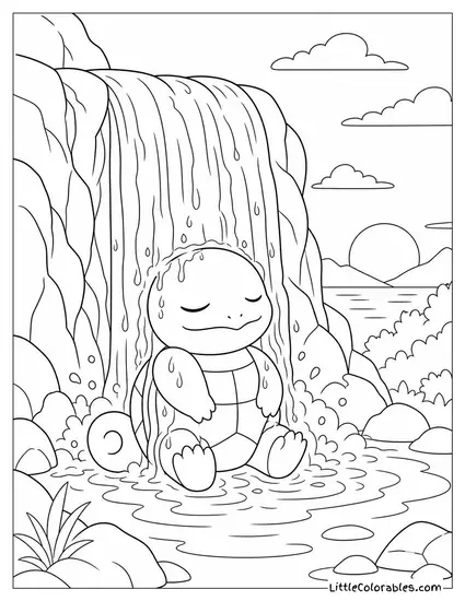 Squirtle Sitting Beneath a Waterfall at Dusk with Eyes Closed Coloring Page