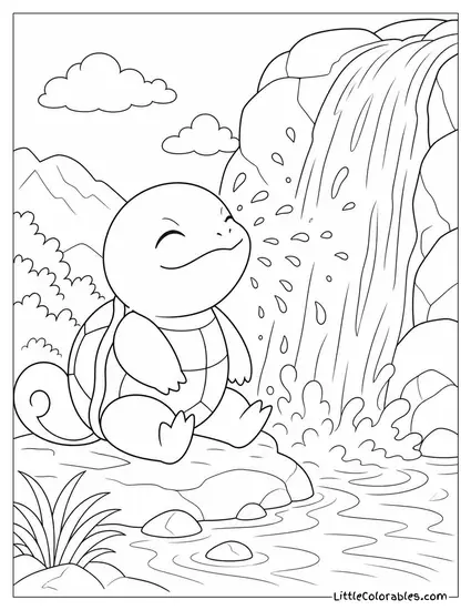 Squirtle Sitting Beside a Waterfall Letting the Spray Hit Its Face Coloring Page