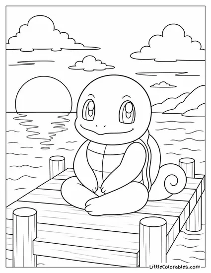Squirtle Sitting Cross-Legged on a Dock at Sunset Coloring Page