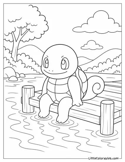 Squirtle Sitting on the Edge of a Dock Dangling Its Feet in the Water Coloring Page